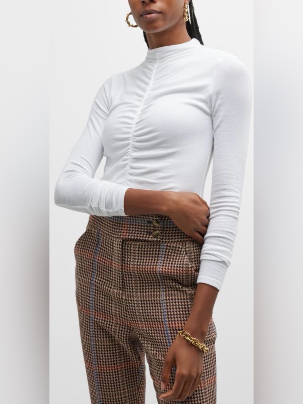 Veronica Beard Theresa Ruched Mock Neck Top in White Top